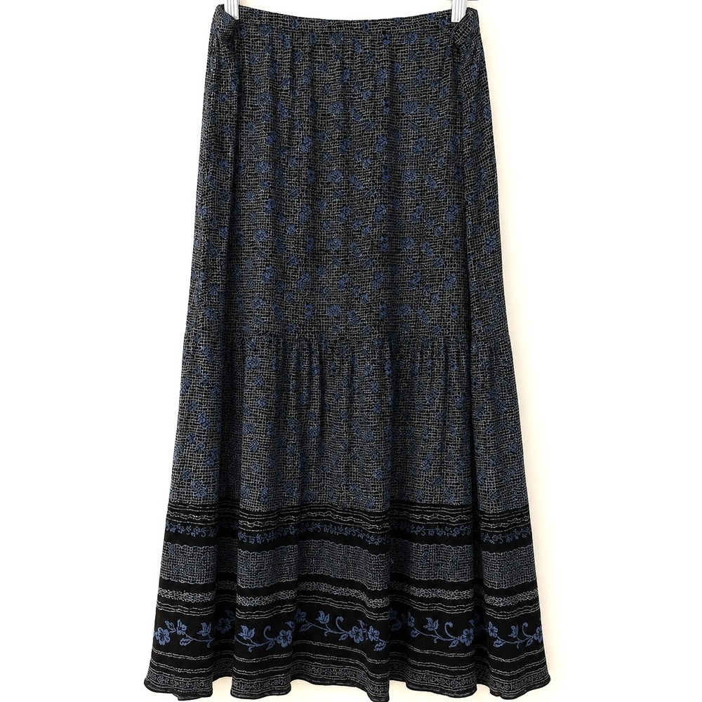 VTG Notations Skirt Size L Y2K Made in USA Black Blue Midi Boho Whimsigoth